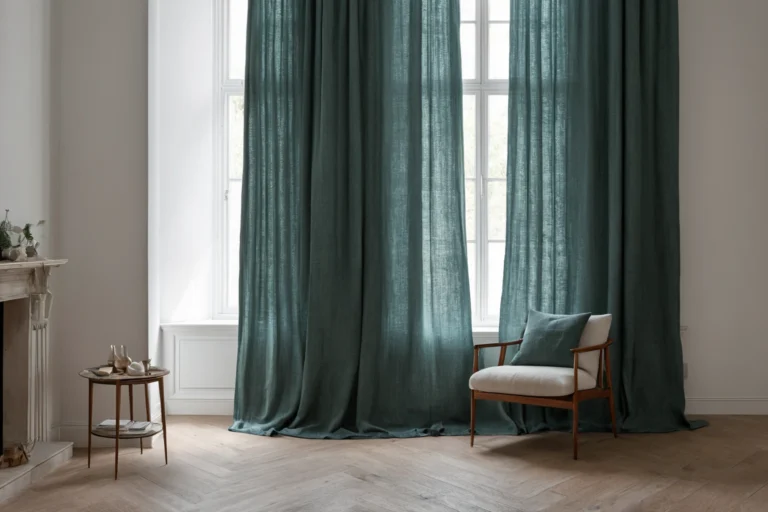 Льняные портьеры цвета patina blue у высокого окна, дневной свет проходит сквозь ткань